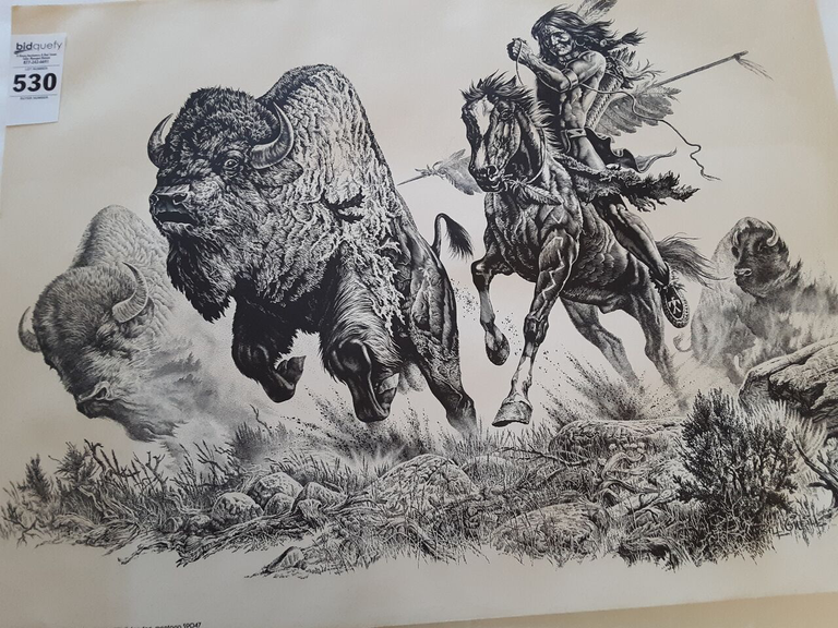 Bill Oneill 1976 Print Bullalo Hunt 17" x 23”